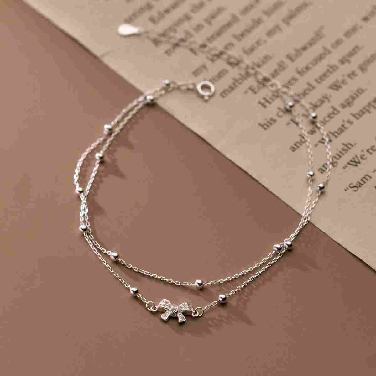 925 sterling silver bowknot minimalist double layer anklet