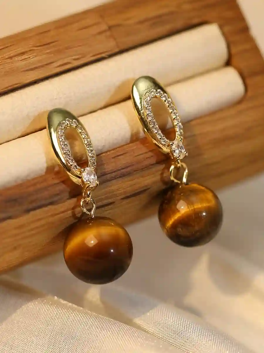 Brass tiger Eye  Oval Minimalist Drop Earring