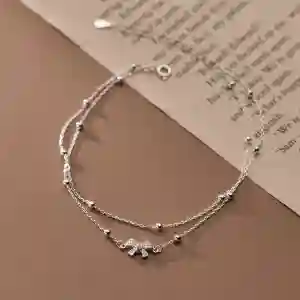 925 sterling silver bowknot minimalist double layer anklet